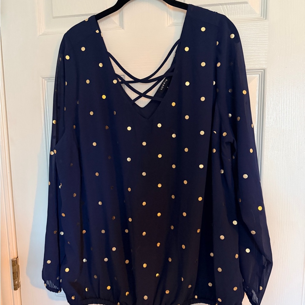 Torrid Navy Blouse with Gold Dots